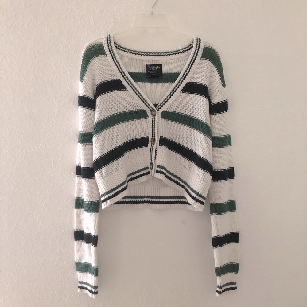A&F XS White, Green, and Blue Cropped Cardigan